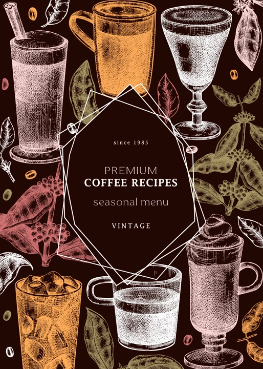 Hand-sketched coffee frame template in colors. Vector sketches of mugs with aromatic hot drinks. With botanical coffee plants, leaves and beans in vintage style. Vector beverages collage design 